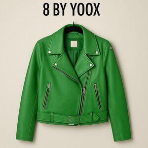 8 by YOOX Italian Made Green Lambskin Leather Moto Jacket Size IT46US14 Oversize